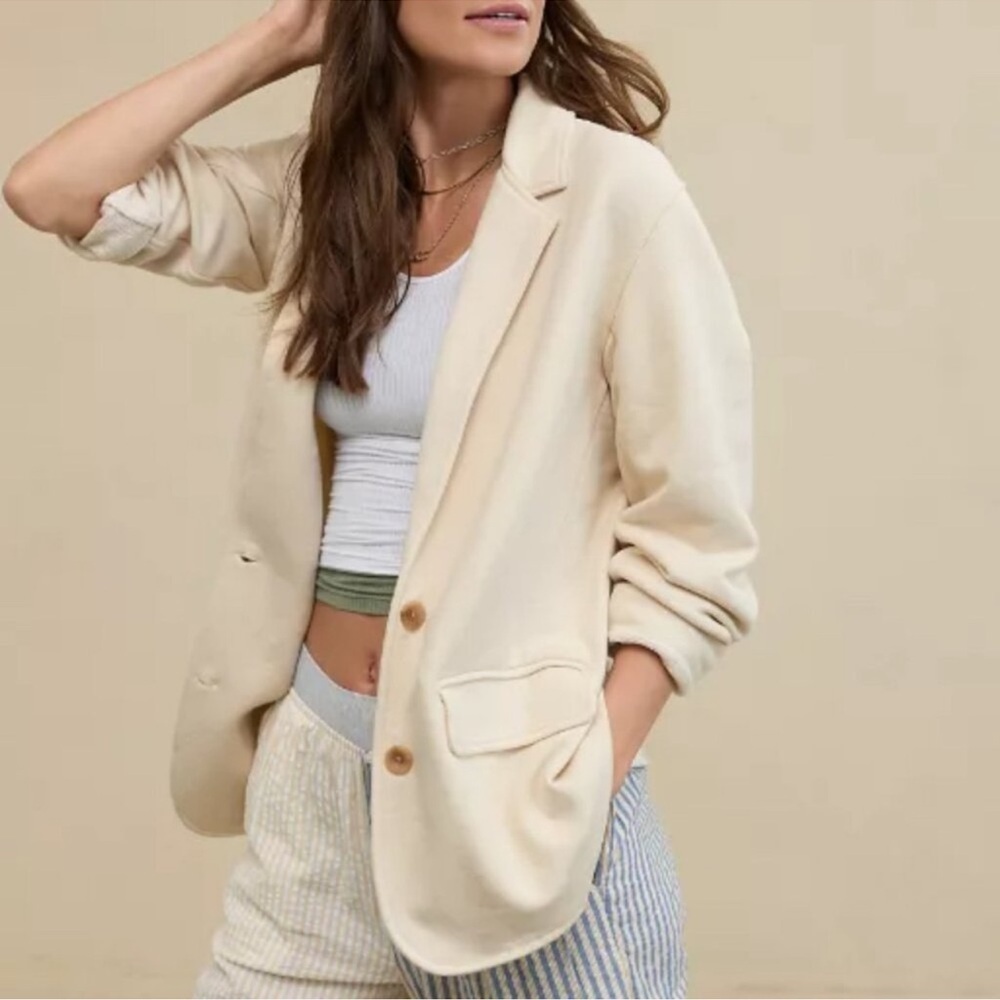 Aerie Cream Fleece Oversized Blazer Jacket / Sweater Button Down XXL